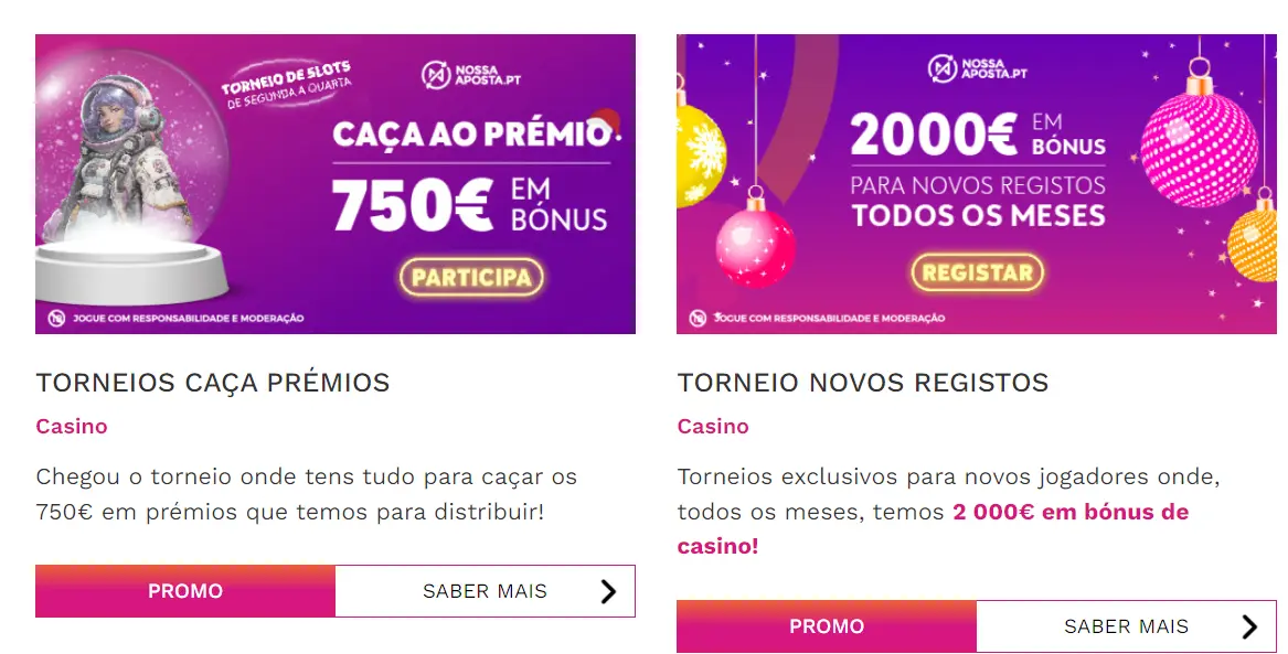 Secção de promoções e recompensas do casino